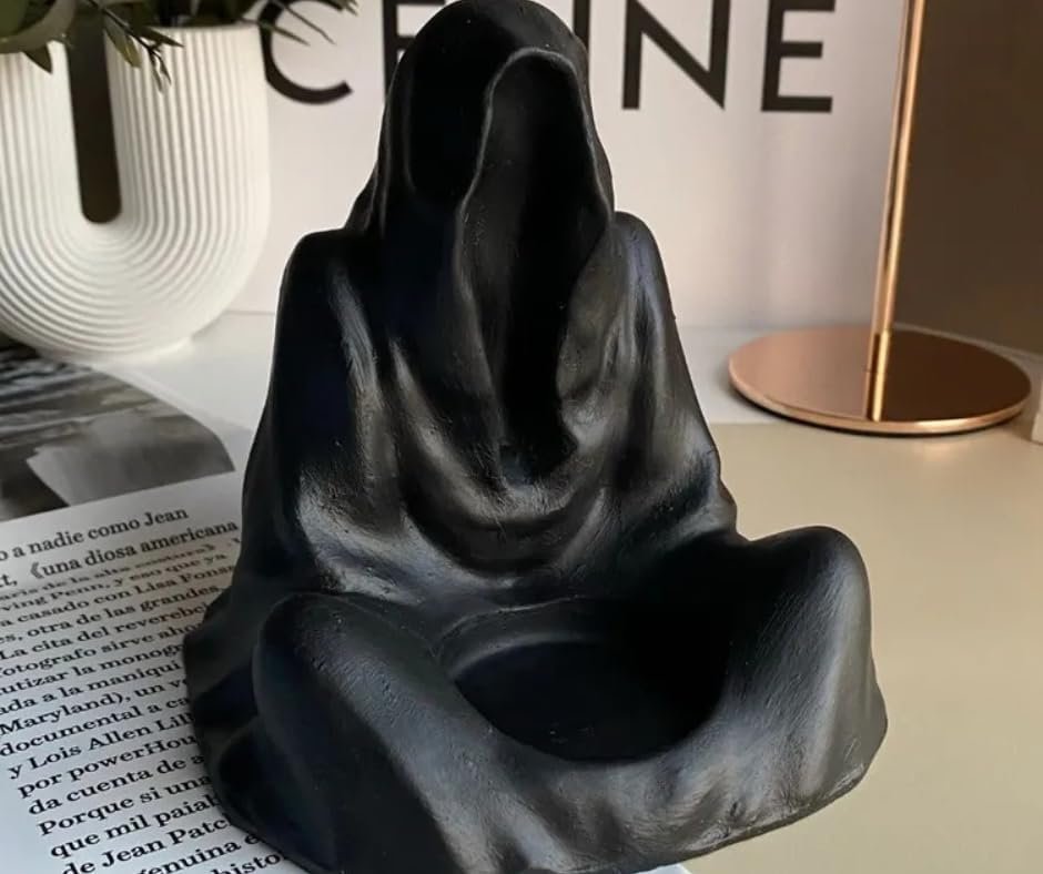 جيني حامل شموع بتصميم تمثال ساحر غامض - ديكور منزلي عتيق فاخر للاستخدام الداخلي والخارجي والحديقة، ديكور حفلات الهالوين مقاوم للطقس مصنوع من الراتنج المتين والمقاوم للماء (اسود) - صورة 4