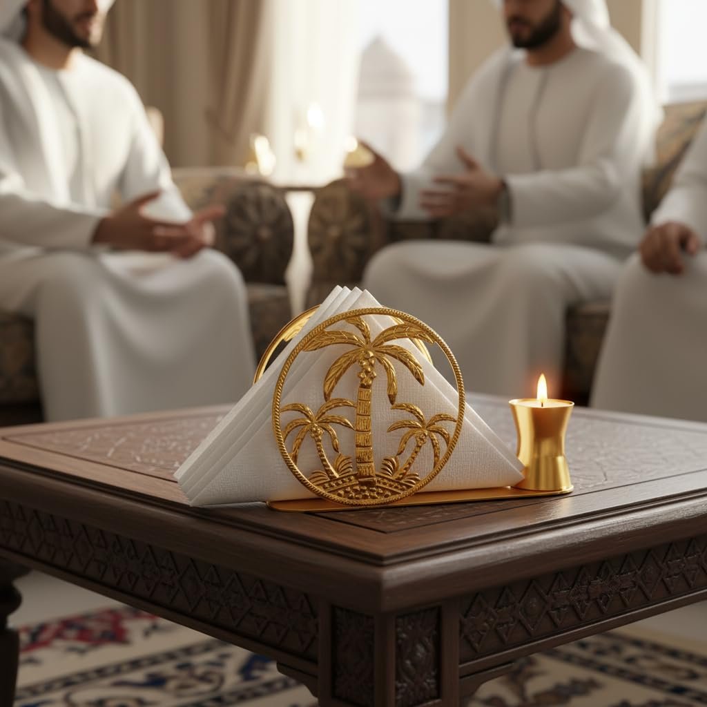 حامل مناديل ذهبي فاخر 2 في 1 بتصميم أشجار النخيل - حامل شموع (Tea Light) وديكور طاولة طعام وبوفيه معدني لامع ومقاوم للصدأ للمناسبات والهدايا. - صورة 2