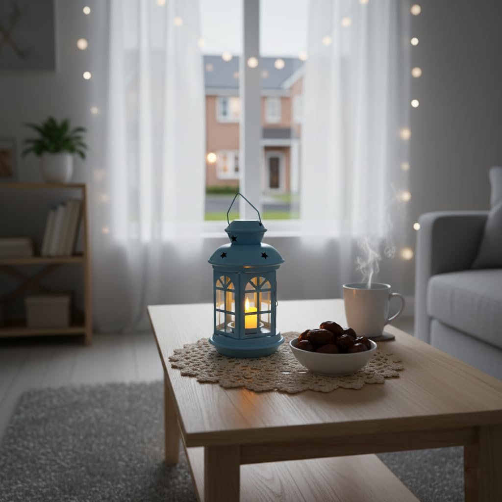 فانوس رمضان معدني صغير مزخرف من جلسة، أزرق - صورة 3