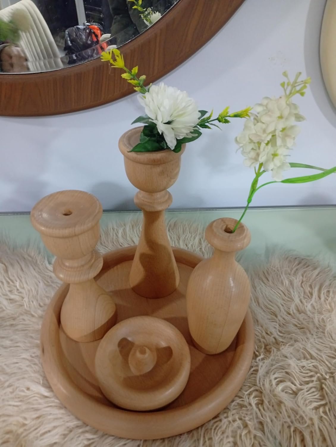 طقم حامل شموع خشبي مع صينية دائرية، حامل زهور بامباس، ديكور منزلي طبيعي، ٣ قطع مع صينية - صورة 3