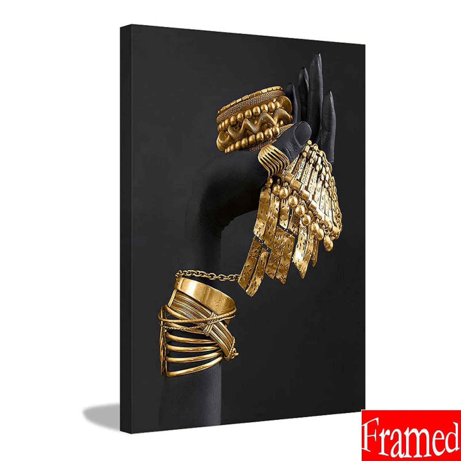 لوحات جدارية من زمفبهفبه، طباعة فنية لغرفة النوم بتصميم سيدة أفريقية مع مجوهرات ذهبية، أسود وذهبي مع إطار، مقاس 40×50 سم، مجموعة من 3 قطع - صورة 10
