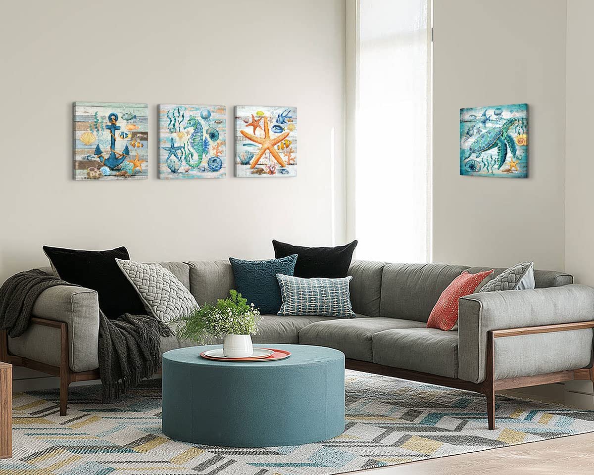 لوحات جدارية من إيريديسارت، لوحة فنية لغرفة الطعام بتصميم بحري، لون أزرق، مقاس 40.64 × 40.64 سم، مجموعة من 4 قطع - صورة 3