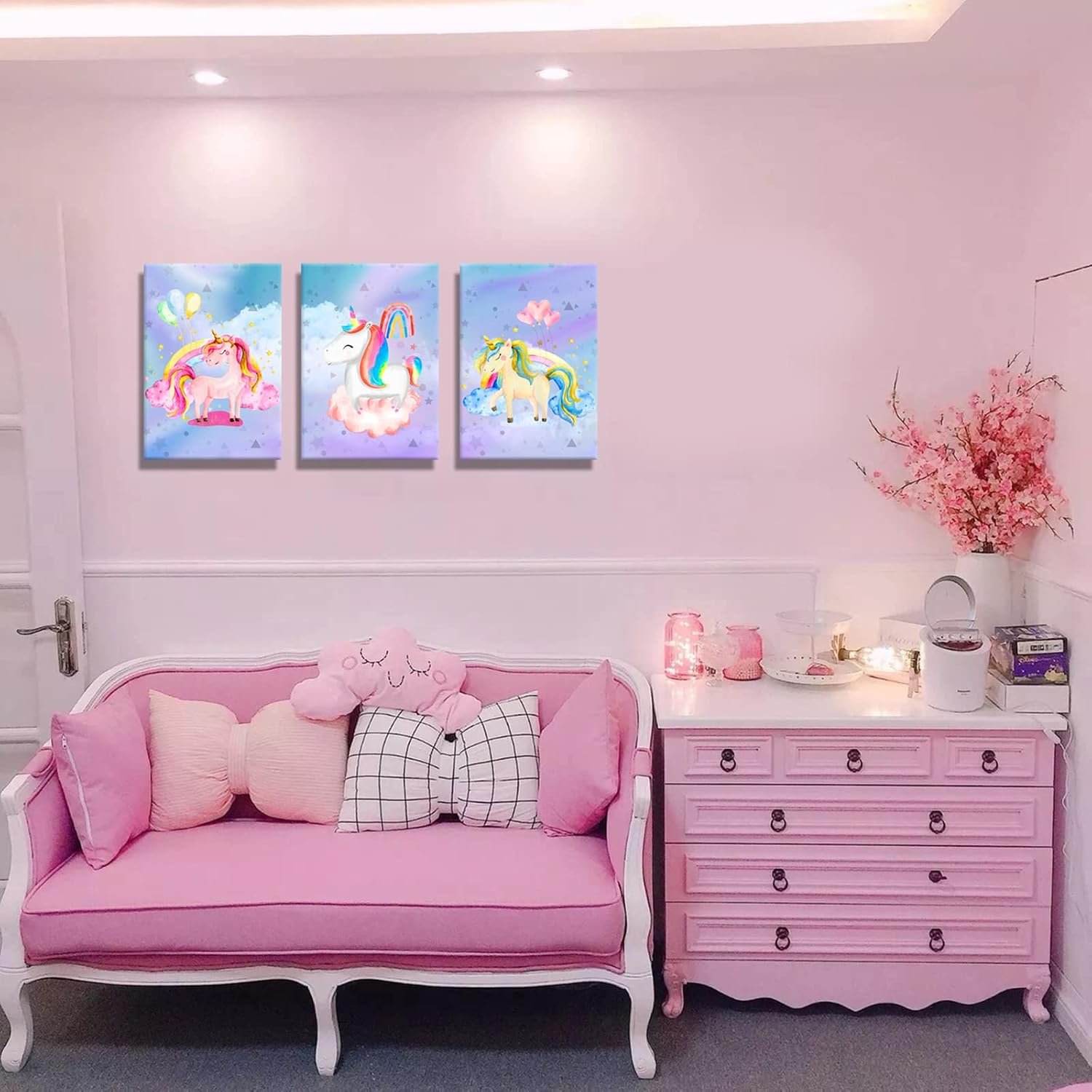 واي يو ايه ان دي لوحة فنية جدارية لديكور غرفة نوم البنات بتصميم يونيكورن - صور قماشية بالوان قوس قزح المنزل وحضانة الاطفال - لوحات بوسترات باطار مائية - صورة 5