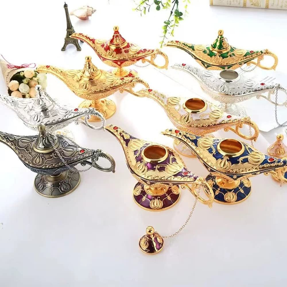 وعاء مصباح علاء الدين السحري العتيق، صندوق مجوهرات مصباح عربي خفيف من خليط معدني لحفلات المنزل وديكور طاولة الزفاف والهدايا (M/أرجواني) - صورة 2