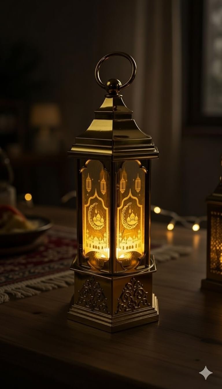 فانوس رمضان مودرن لون ذهبي لامع بلاستيك، إضاءة رمضانية هادئة بتصميم تراثي، ديكور طاولة رمضاني فاخر - صورة 3