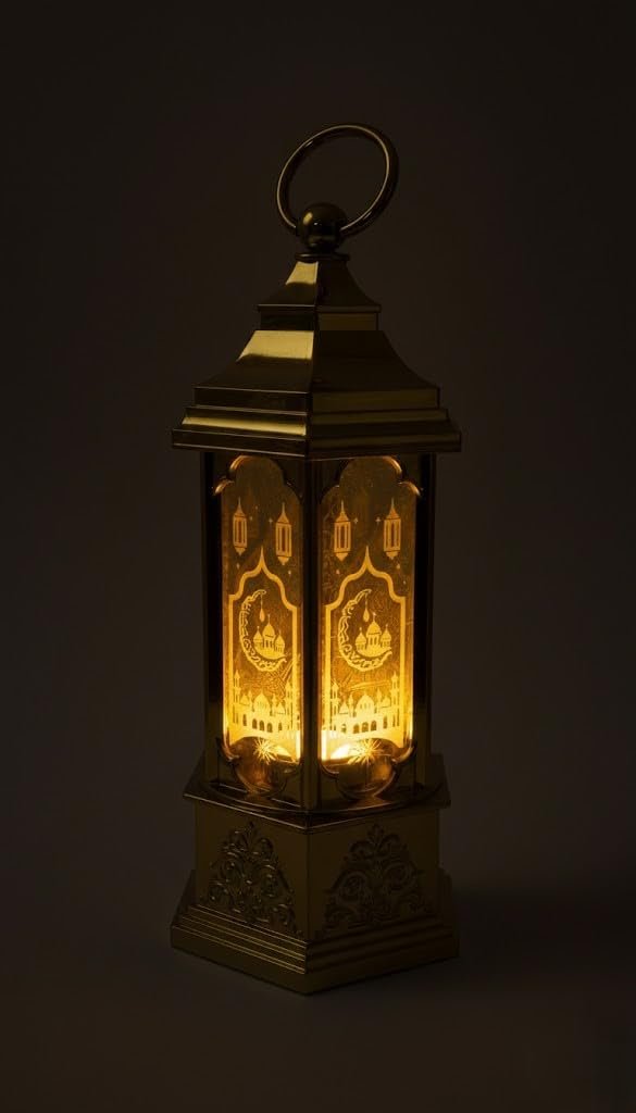 فانوس رمضان مودرن لون ذهبي لامع بلاستيك، إضاءة رمضانية هادئة بتصميم تراثي، ديكور طاولة رمضاني فاخر - صورة 2
