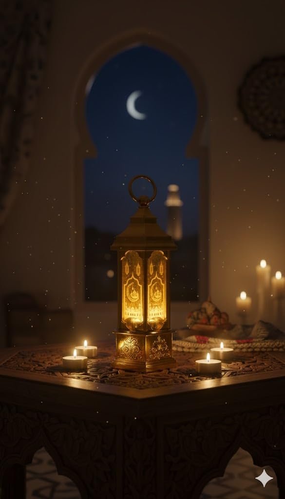 فانوس رمضان مودرن لون ذهبي لامع بلاستيك، إضاءة رمضانية هادئة بتصميم تراثي، ديكور طاولة رمضاني فاخر - صورة 6