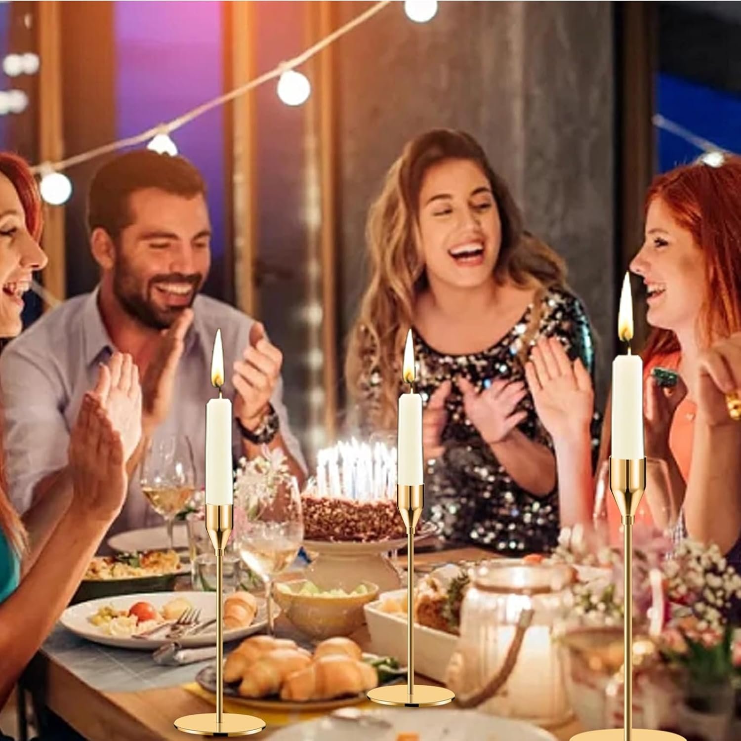 حوامل شموع طويلة مستدقة باللون الذهبي لديكور المنزل وحفلات الزفاف والعشاء والحفلات والذكرى السنوية، تناسب شموع سميكة 1.9 سم وشموع ليد من كيو فاندبين، مجموعة من 6 قطع - صورة 7
