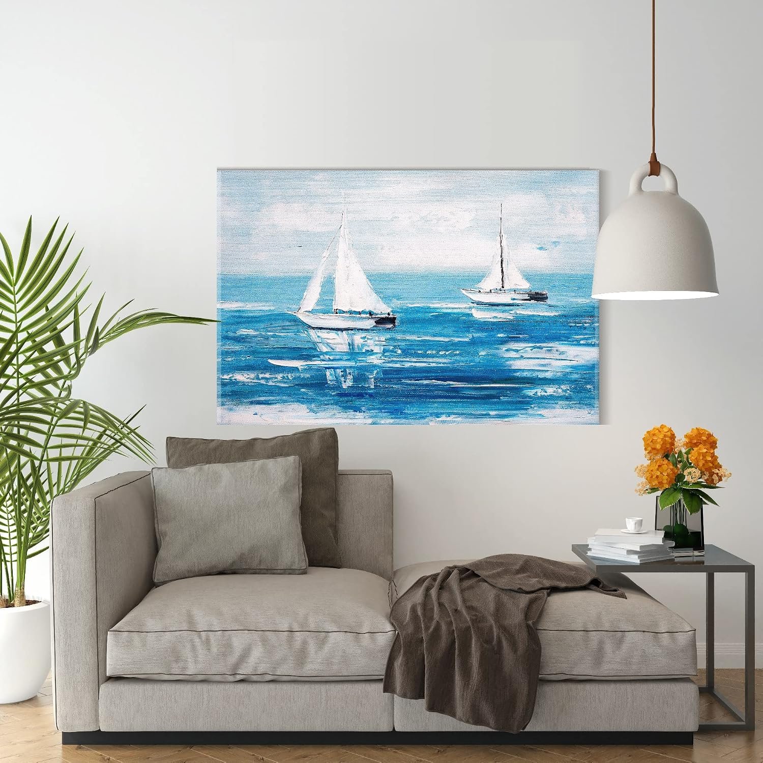 لوحة فنية جدارية من الكانفس، صورة تجريدية باطار لقارب ابحار، 60 × 40 سم، أزرق - صورة 3
