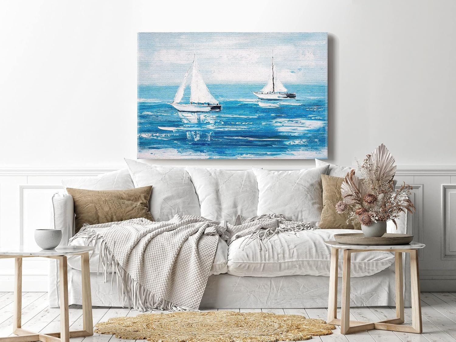 لوحة فنية جدارية من الكانفس، صورة تجريدية باطار لقارب ابحار، 60 × 40 سم، أزرق - صورة 2