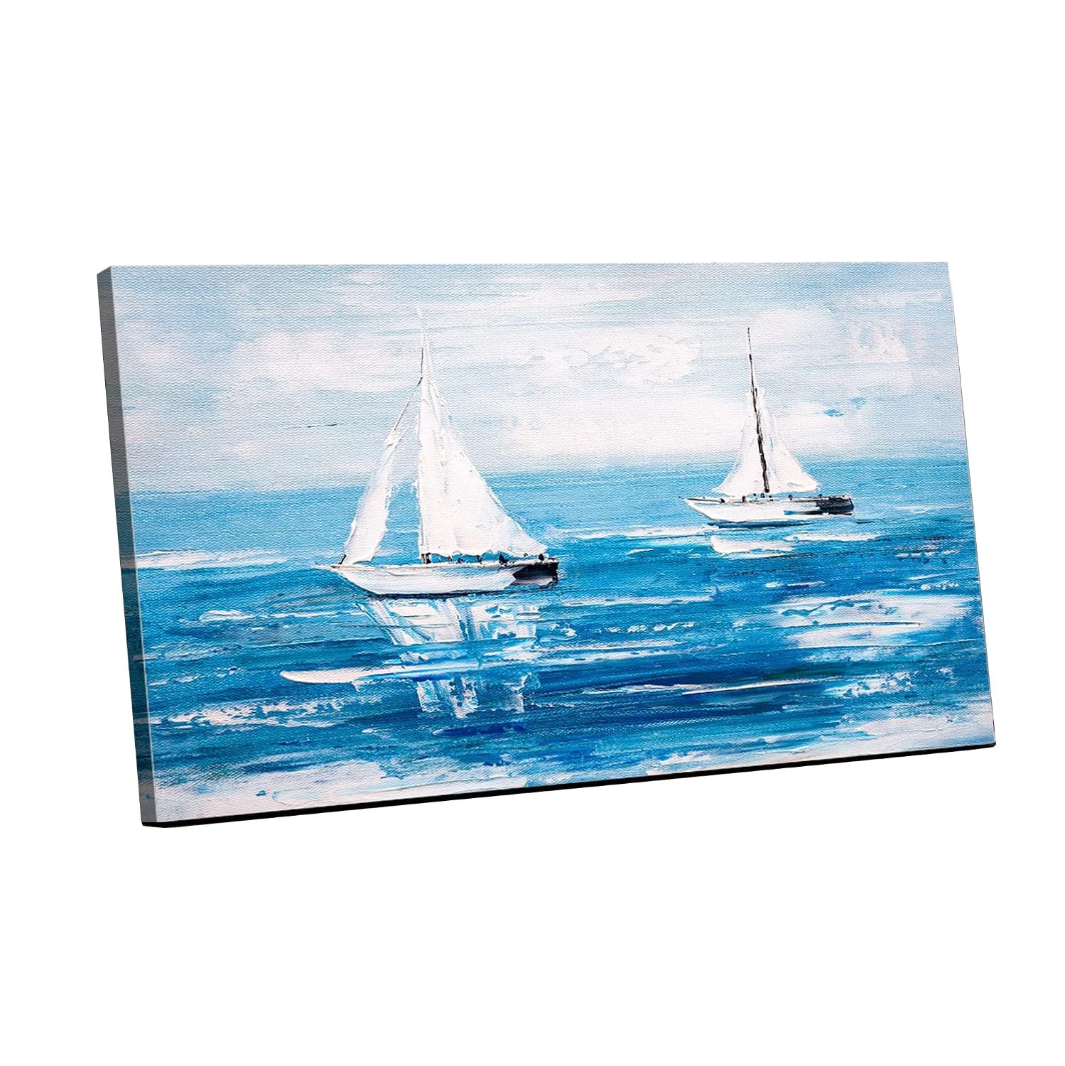 لوحة فنية جدارية من الكانفس، صورة تجريدية باطار لقارب ابحار، 60 × 40 سم، أزرق - صورة 6