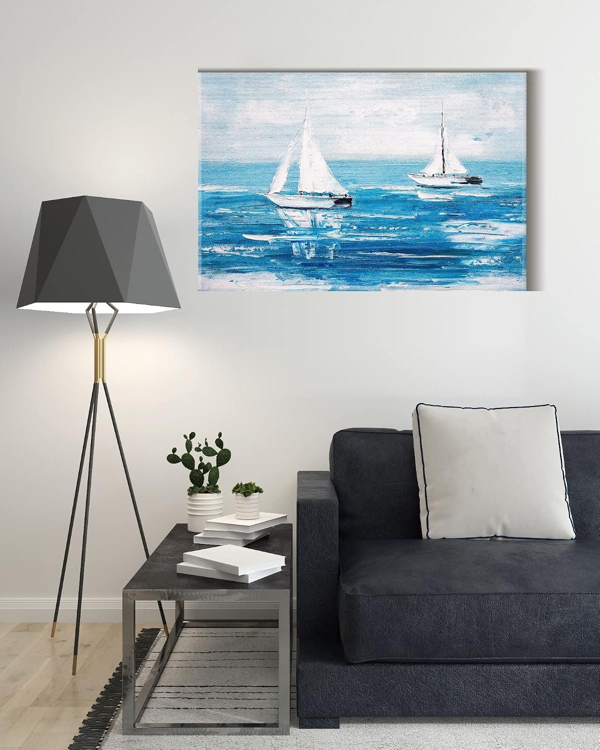 لوحة فنية جدارية من الكانفس، صورة تجريدية باطار لقارب ابحار، 60 × 40 سم، أزرق - صورة 4