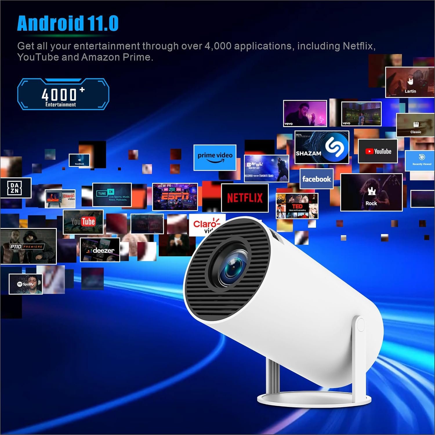 جهاز بروجكتور صغير محمول 4K 1080P FHD متوافق مع اندرويد 11 ونتفليكس يدعم واي فاي 6، بلوتوث 5.0، دوران 180 درجة، جهاز بروجكتور للعرض المسرح المنزلي الصغير مع تصحيح تلقائي للانحراف - صورة 5