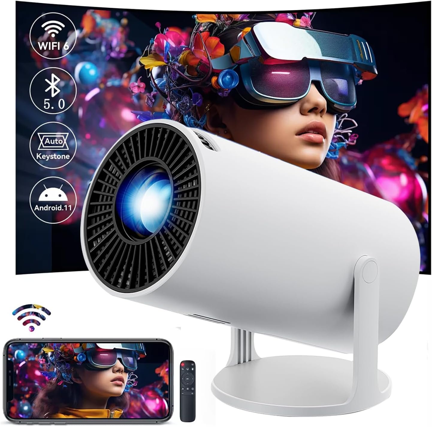 جهاز عرض HY300 مع واي فاي 6 وبلوتوث 4K 1080P يدعم صغير محمول قابل للدوران 180 درجة 150 انش، افلام تلقائي متوافق اللابتوب والكمبيوتر والهواتف الذكية