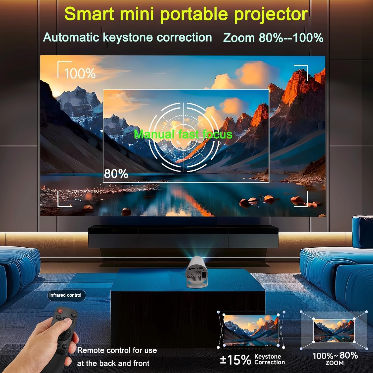 جهاز عرض HY300 مع واي فاي 6 وبلوتوث 4K 1080P يدعم صغير محمول قابل للدوران 180 درجة 150 انش، افلام تلقائي متوافق اللابتوب والكمبيوتر والهواتف الذكية - صورة 5