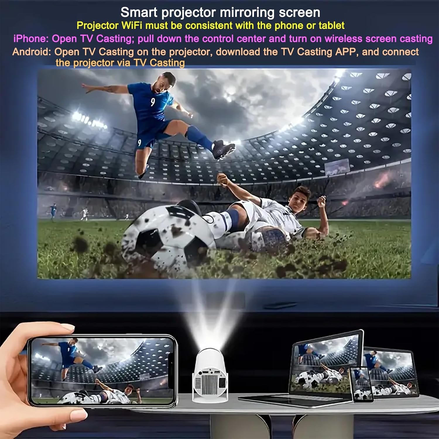 جهاز عرض HY300 مع واي فاي 6 وبلوتوث 4K 1080P يدعم صغير محمول قابل للدوران 180 درجة 150 انش، افلام تلقائي متوافق اللابتوب والكمبيوتر والهواتف الذكية - صورة 7