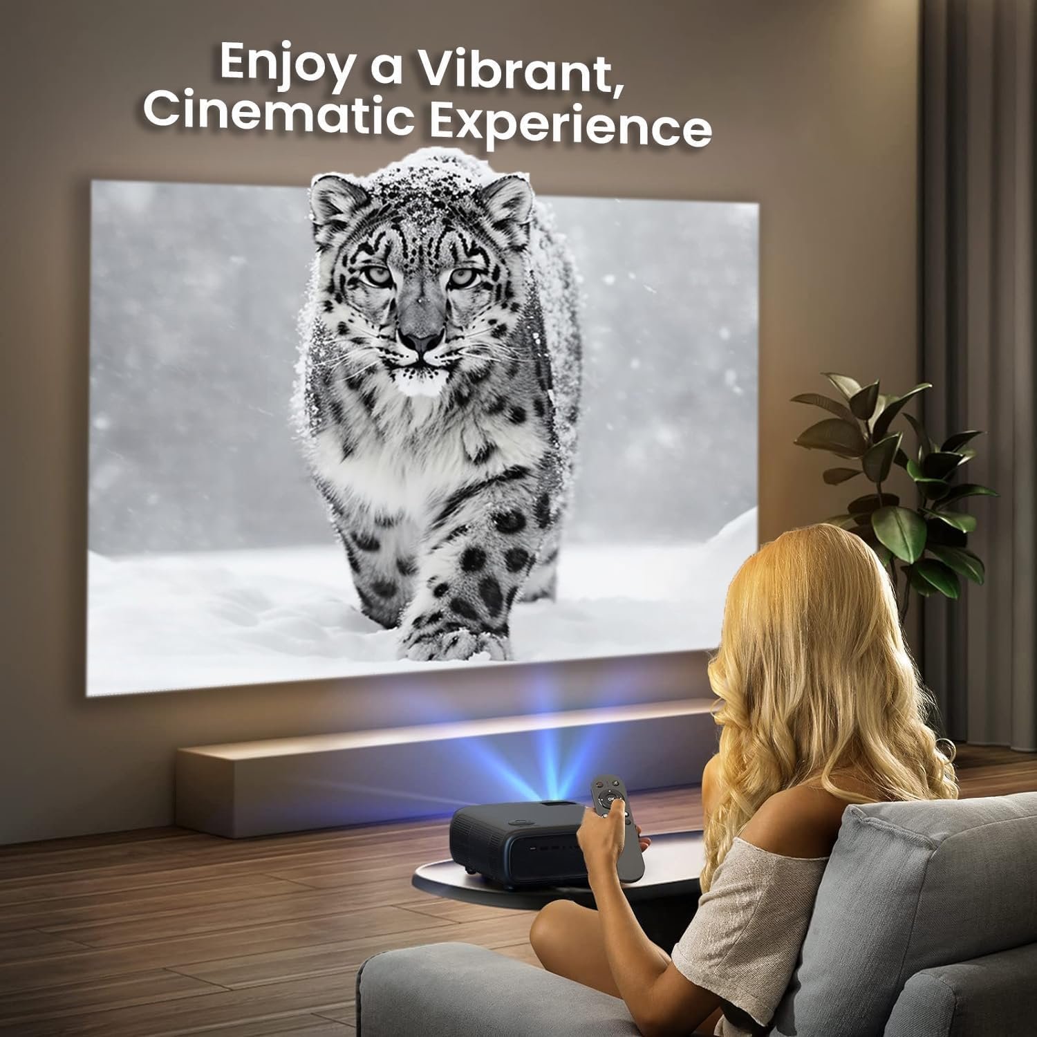 جهاز عرض سينمائي منزلي اون بشاشة ال سي دي HD عالي الدقة بدقة 1080 بكسل، جاهز للبث، كابل HDMI بطول 6 أقدام، مكبر صوت بقوة 5 واط، جهاز تحكم عن بُعد، حجم صورة يتراوح بين 32-210... - صورة 4