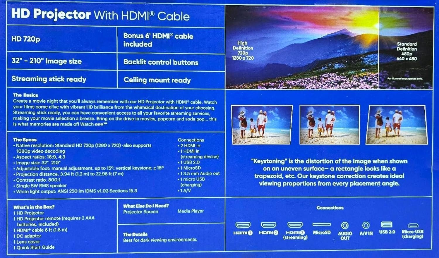 جهاز عرض سينمائي منزلي اون بشاشة ال سي دي HD عالي الدقة بدقة 1080 بكسل، جاهز للبث، كابل HDMI بطول 6 أقدام، مكبر صوت بقوة 5 واط، جهاز تحكم عن بُعد، حجم صورة يتراوح بين 32-210... - صورة 8