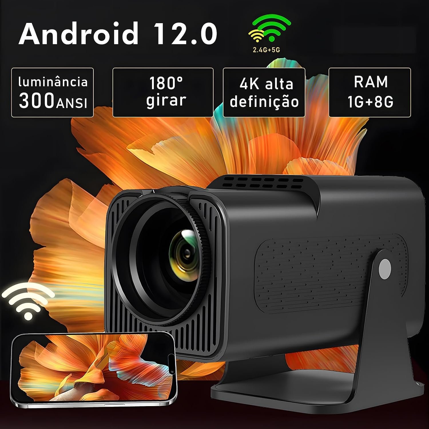 جهاز عرض ذكي صغير محمول HY320 شبكة الجيل الخامس 5G واي فاي 6 بلوتوث 5.0 أندرويد 11، FHD 4K، تصحيح الانحراف الأفقي ليد، جهاز عرض دوار 180 درجة للموبايل (قابس أوروبي) من نو 2... - صورة 6