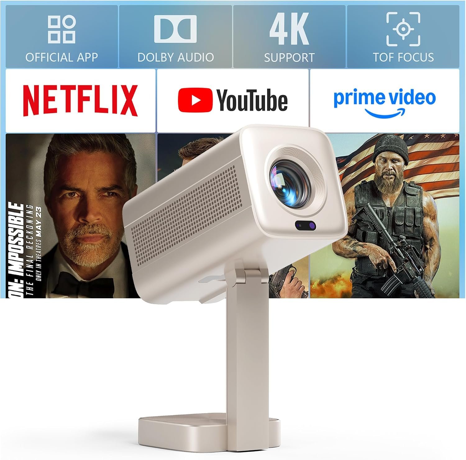 جهاز عرض صغير ذكي مع واي فاي وبلوتوث من فوبلز نيتف 1080P 4K يدعم جهاز عرض خارجي محمول مع حامل، جهاز عرض صوتي بتقنية الذكاء الاصطناعي دويبي للافلام المنزلية