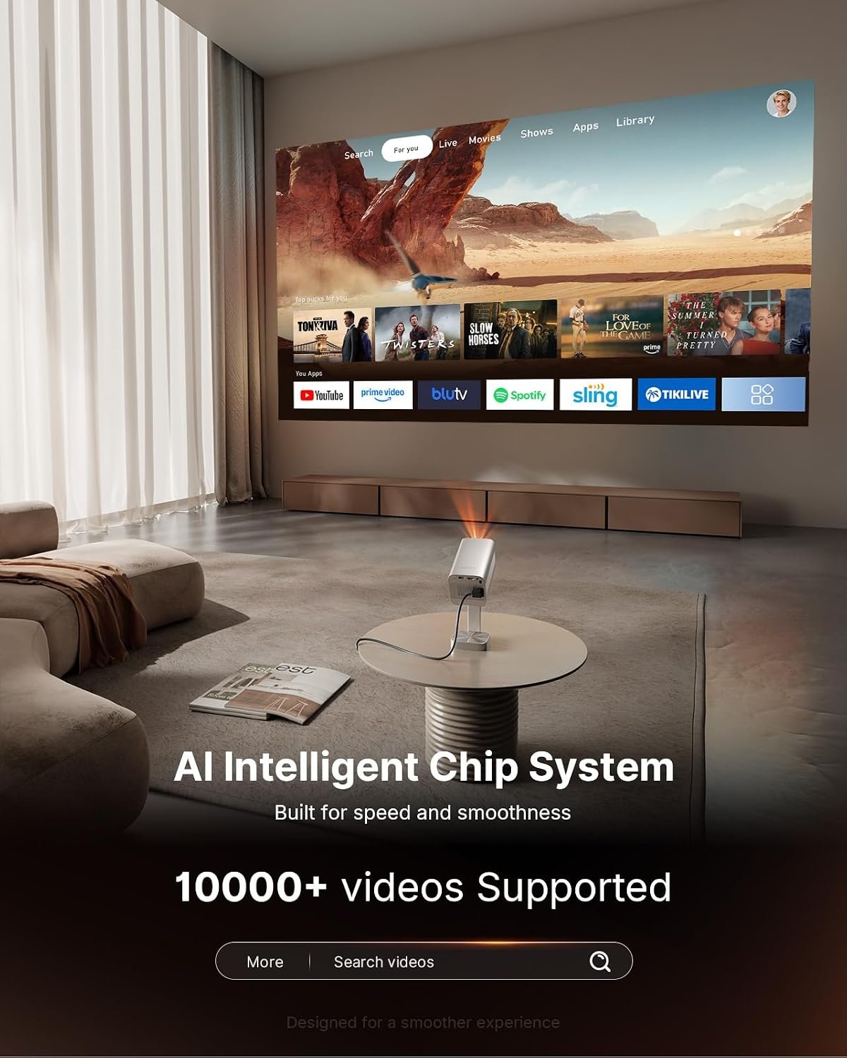 جهاز عرض صغير ذكي مع واي فاي وبلوتوث من فوبلز نيتف 1080P 4K يدعم جهاز عرض خارجي محمول مع حامل، جهاز عرض صوتي بتقنية الذكاء الاصطناعي دويبي للافلام المنزلية - صورة 3