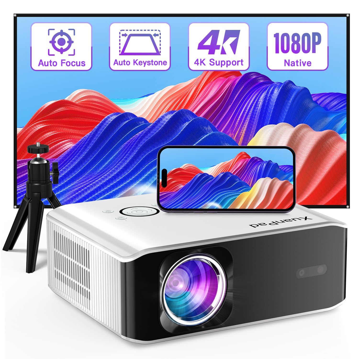 جهاز عرض ذكي محمول بتقنية الذكاء الاصطناعي اوتو فوكاس كيستون 26000 لتر 1080P بدقة 4K يدعم السينما المنزلية الخارجية مع حامل ثلاثي القوائم لأجهزة iOS واندرويد وتي في ستيك - صورة 9