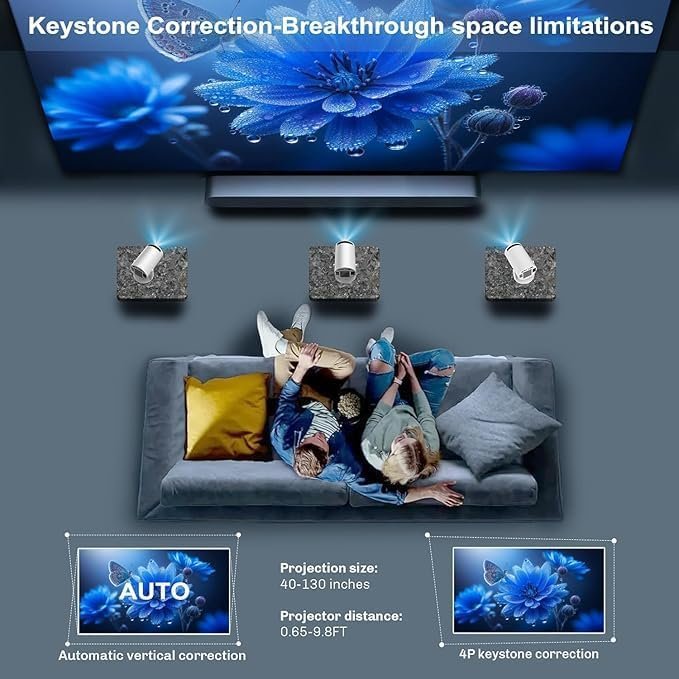 جهاز عرض صغير محمول 4K 1080P FHD يدعم اندرويد 11 ونتفليكس - واي فاي 6، بلوتوث 5.0، دوران 180 درجة، جهاز عرض مسرح منزلي صغير مع تصحيح انحراف تلقائي - صورة 8