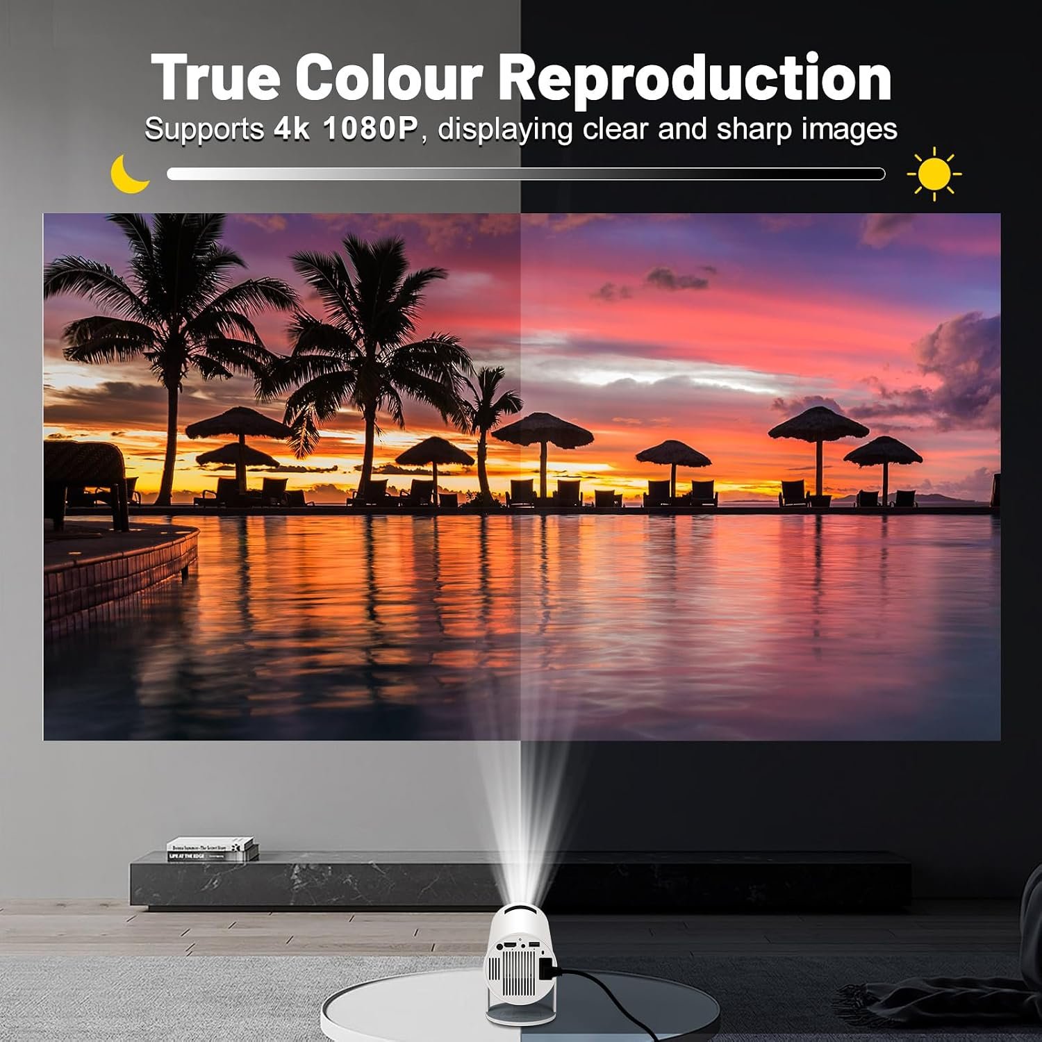 جهاز عرض صغير مزود بتقنية واي فاي 6 وبلوتوث 4K بدقة 1080P يدعم جهاز عرض محمول قابل للدوران 180° بحجم 130 بوصة مع تصحيح تلقائي للميل متوافق مع اللاب توب والكمبيوتر والموبايلات، أبيض - صورة 2