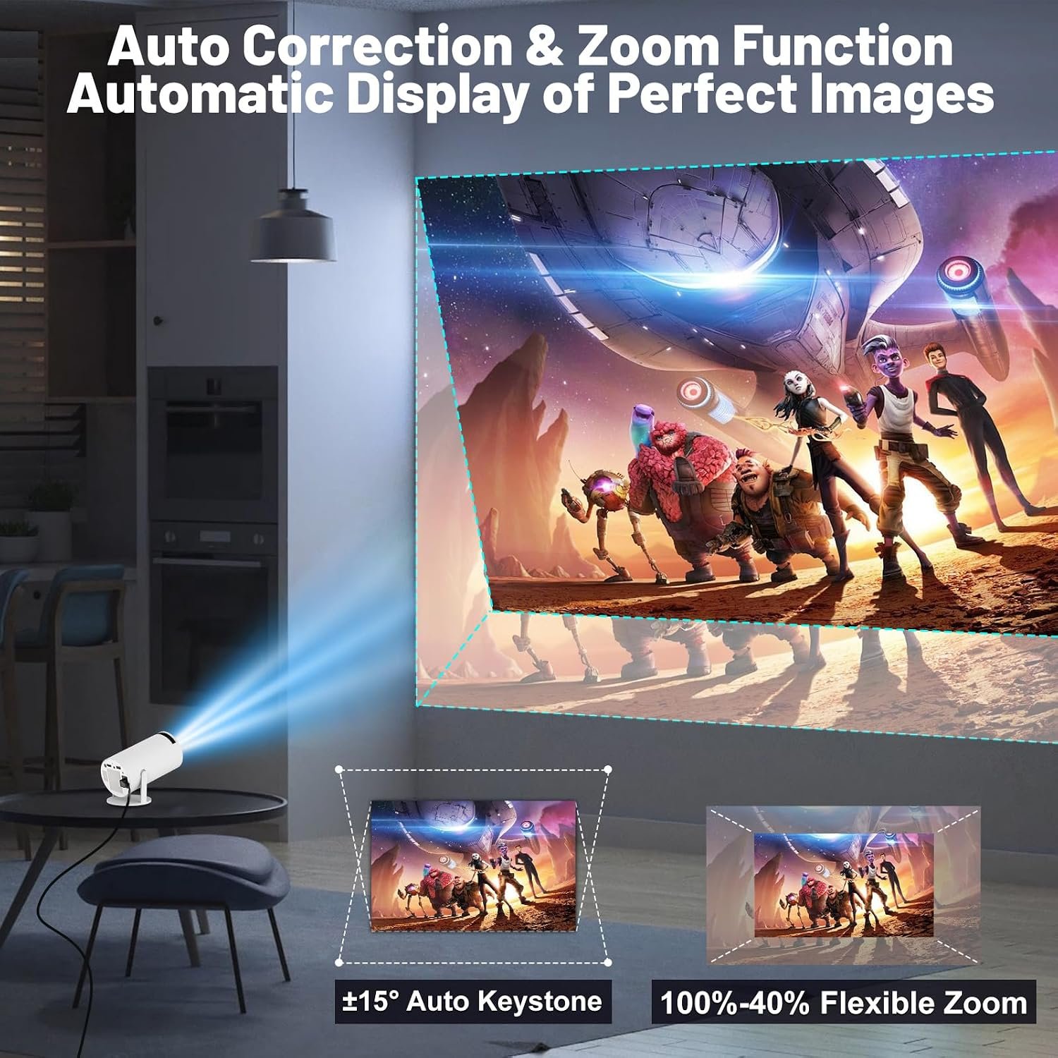 جهاز عرض صغير مزود بتقنية واي فاي 6 وبلوتوث 4K بدقة 1080P يدعم جهاز عرض محمول قابل للدوران 180° بحجم 130 بوصة مع تصحيح تلقائي للميل متوافق مع اللاب توب والكمبيوتر والموبايلات، أبيض - صورة 4