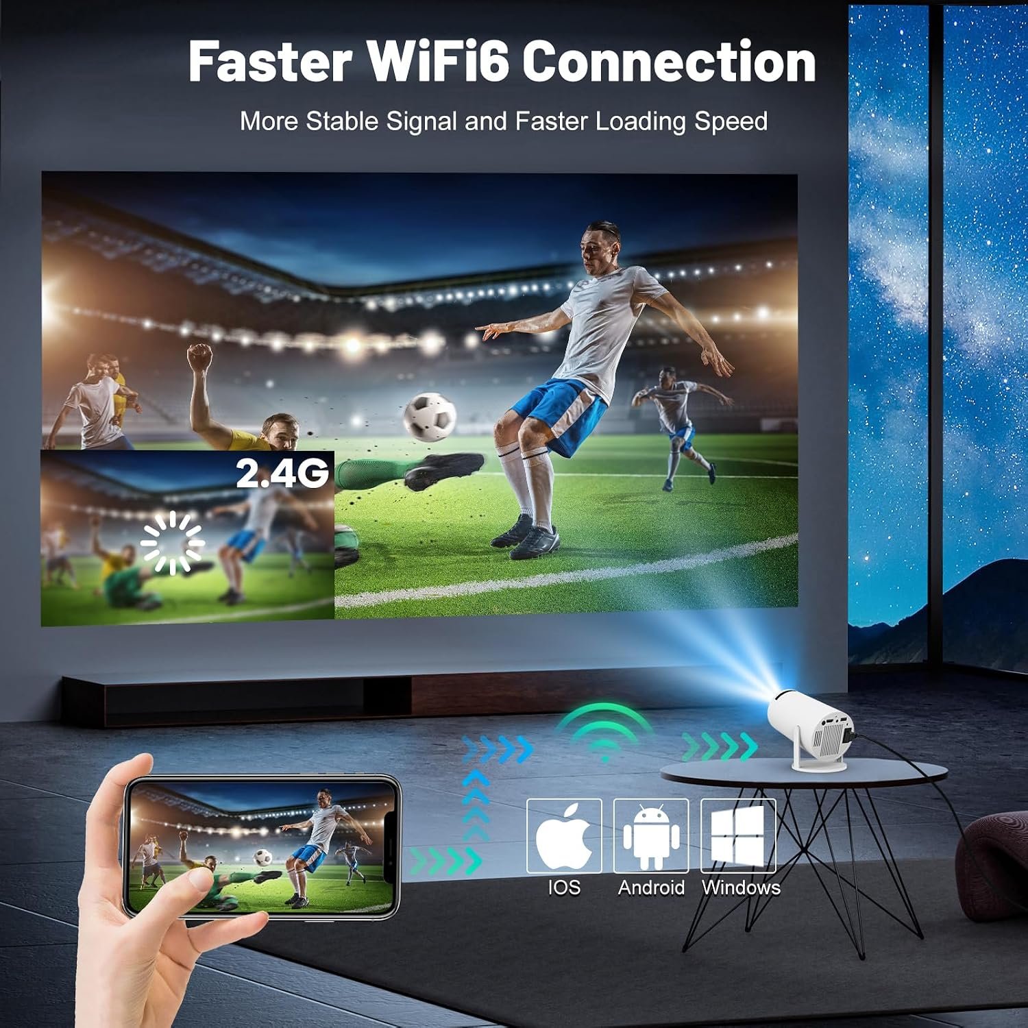 جهاز عرض صغير مزود بتقنية واي فاي 6 وبلوتوث 4K بدقة 1080P يدعم جهاز عرض محمول قابل للدوران 180° بحجم 130 بوصة مع تصحيح تلقائي للميل متوافق مع اللاب توب والكمبيوتر والموبايلات، أبيض - صورة 3