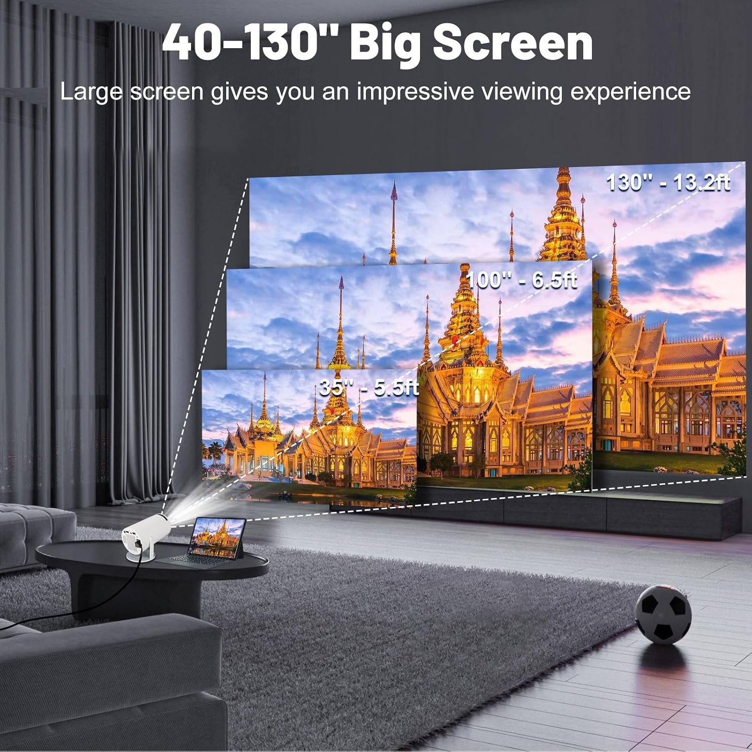 جهاز عرض صغير مزود بتقنية واي فاي 6 وبلوتوث 4K بدقة 1080P يدعم جهاز عرض محمول قابل للدوران 180° بحجم 130 بوصة مع تصحيح تلقائي للميل متوافق مع اللاب توب والكمبيوتر والموبايلات، أبيض - صورة 5