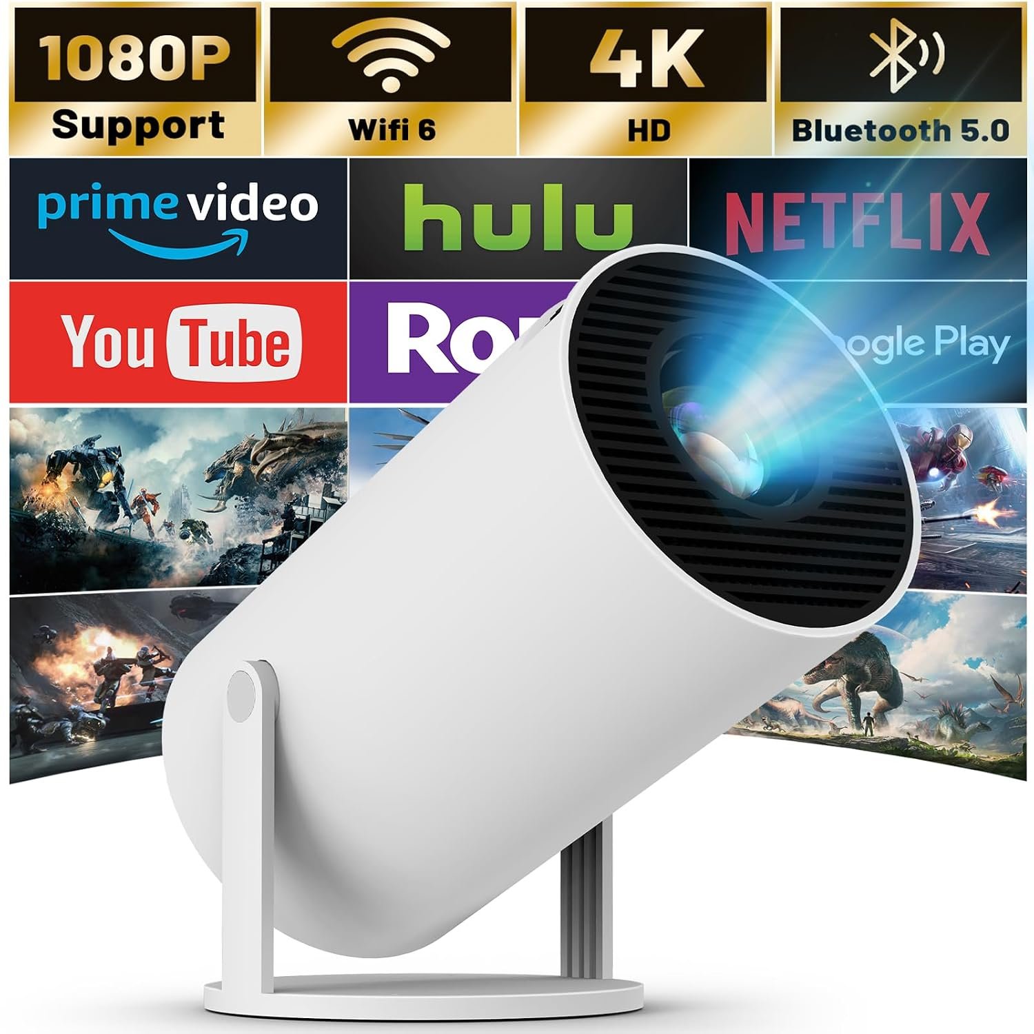 جهاز عرض صغير مزود بتقنية واي فاي 6 وبلوتوث 4K بدقة 1080P يدعم جهاز عرض محمول قابل للدوران 180° بحجم 130 بوصة مع تصحيح تلقائي للميل متوافق مع اللاب توب والكمبيوتر والموبايلات، أبيض - صورة 10