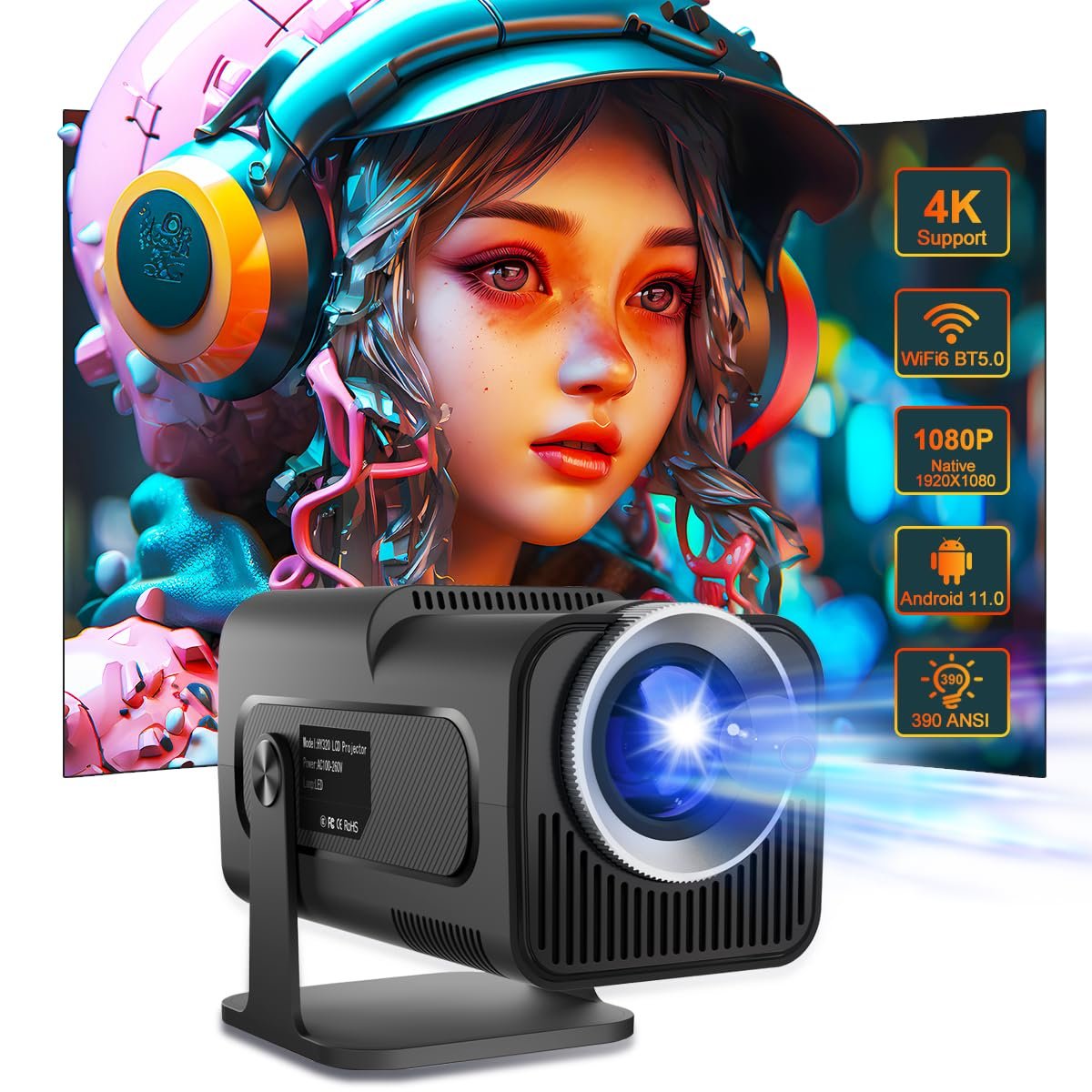 جهاز عرض فيديو صغير 4K مع اندرويد 11 اصلي 1080P محمول بخاصية الانحراف التلقائي واي فاي 6 بلوتوث 5.0 390 ANSI 150 انش تصميم دوران 180 درجة، 1920 x 1080، أسود - صورة 7