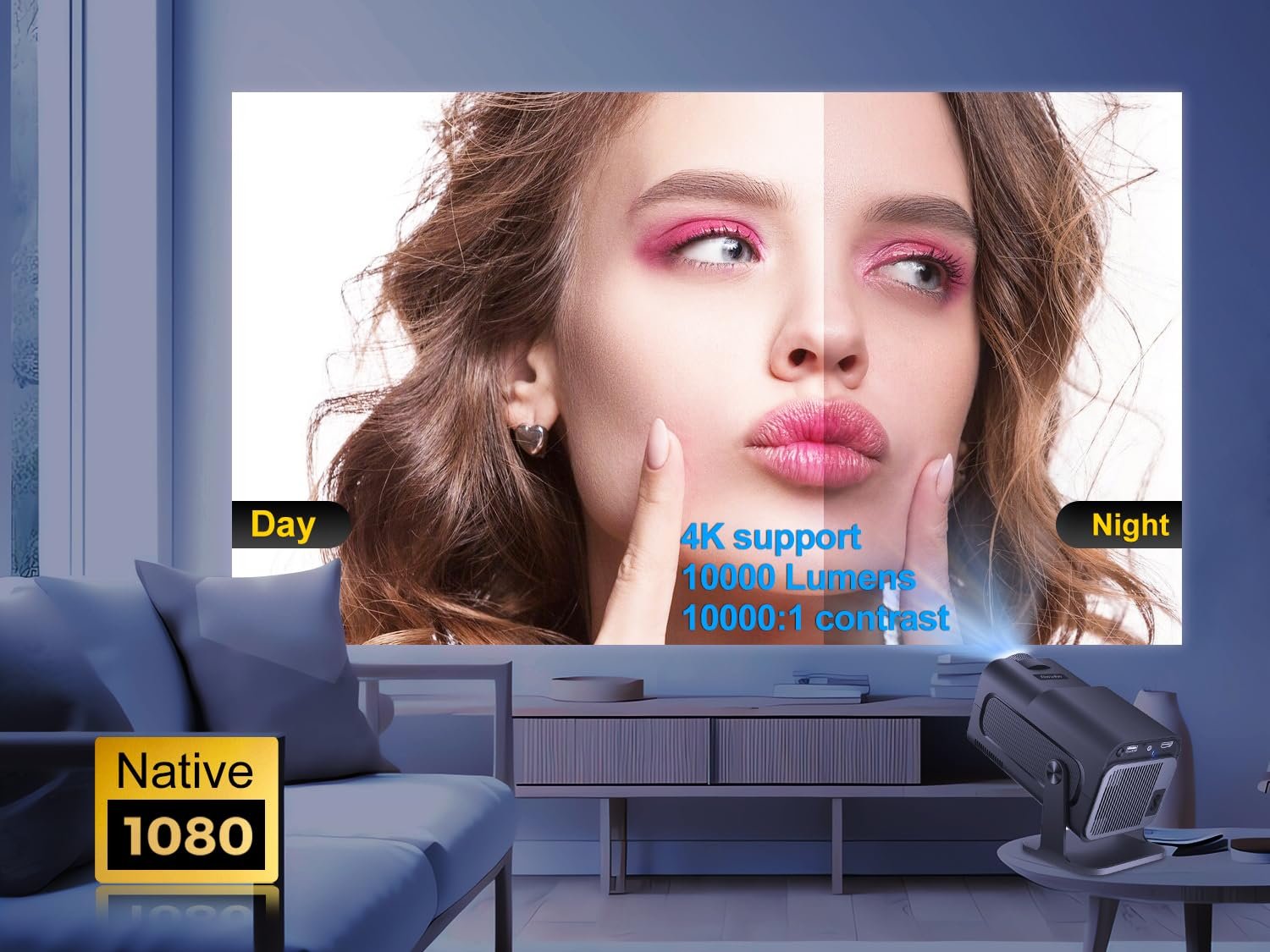 جهاز عرض فيديو صغير 4K مع اندرويد 11 اصلي 1080P محمول بخاصية الانحراف التلقائي واي فاي 6 بلوتوث 5.0 390 ANSI 150 انش تصميم دوران 180 درجة، 1920 x 1080، أسود - صورة 9