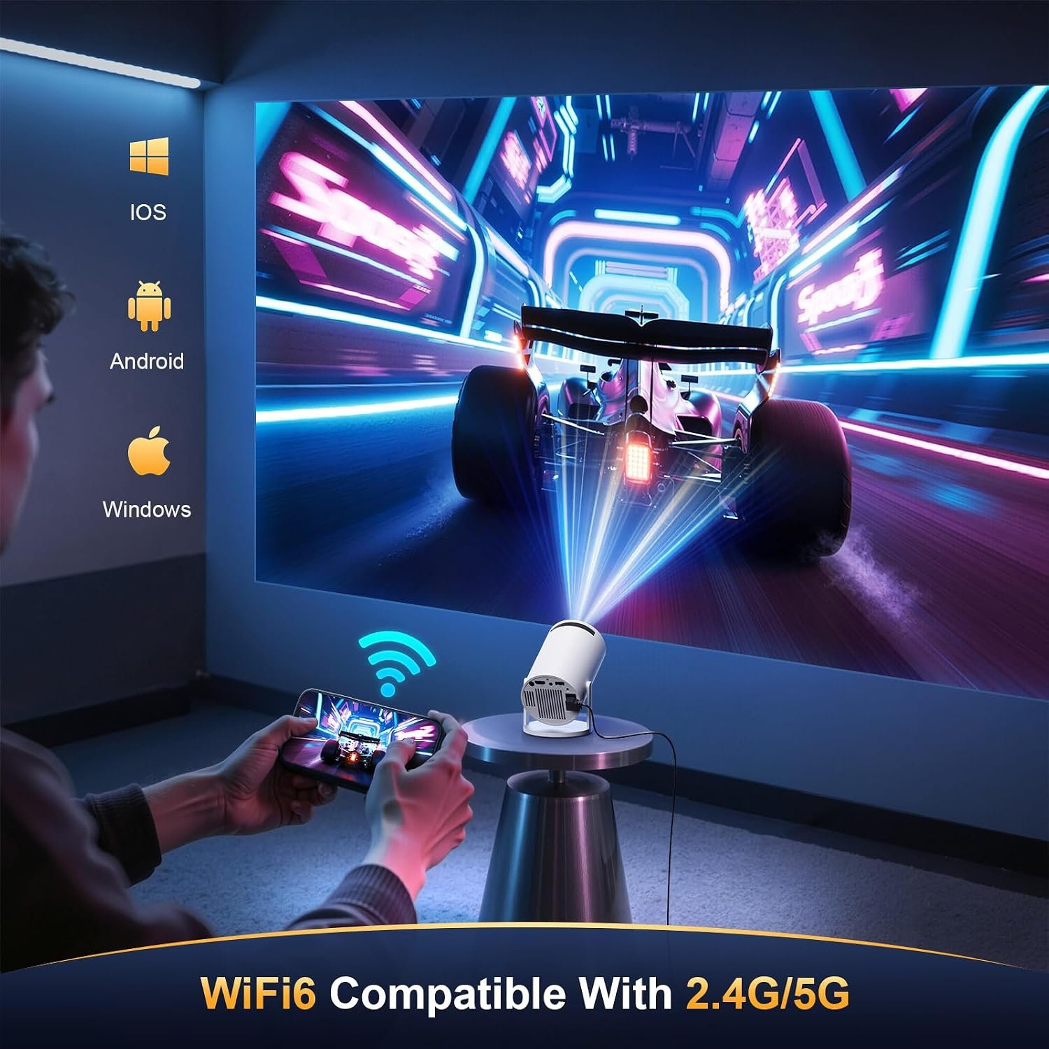 جهاز عرض صغير يدعم دقة 4K وFHD بنظام أندرويد 11 مع واي فاي 6 مزدوج النطاق وبلوتوث 5.2، جهاز عرض سينما منزلي/ جهاز عرض خارجي للموبايل، جهاز عرض ذكي للفيديو مع قدرة دوران 180 درجة... - صورة 3