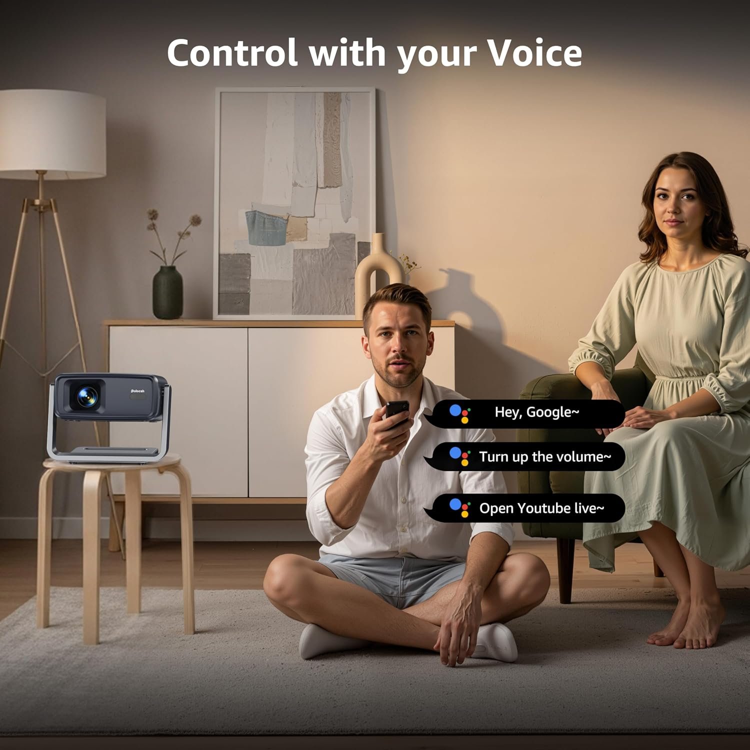 جهاز عرض 4K من بولوتش مع واي فاي وبلوتوث، جهاز عرض ذكي مع تركيز تلقائي وتحكم صوتي، اكثر من 10000 تطبيق للافلام والمسرح المنزلي، جهاز عرض صغير محمول للاماكن الداخلية والخارجية... - صورة 4