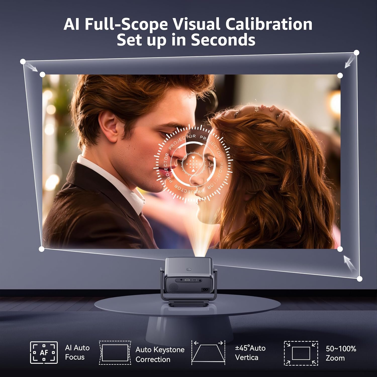 جهاز عرض 4K من بولوتش مع واي فاي وبلوتوث، جهاز عرض ذكي مع تركيز تلقائي وتحكم صوتي، اكثر من 10000 تطبيق للافلام والمسرح المنزلي، جهاز عرض صغير محمول للاماكن الداخلية والخارجية... - صورة 5
