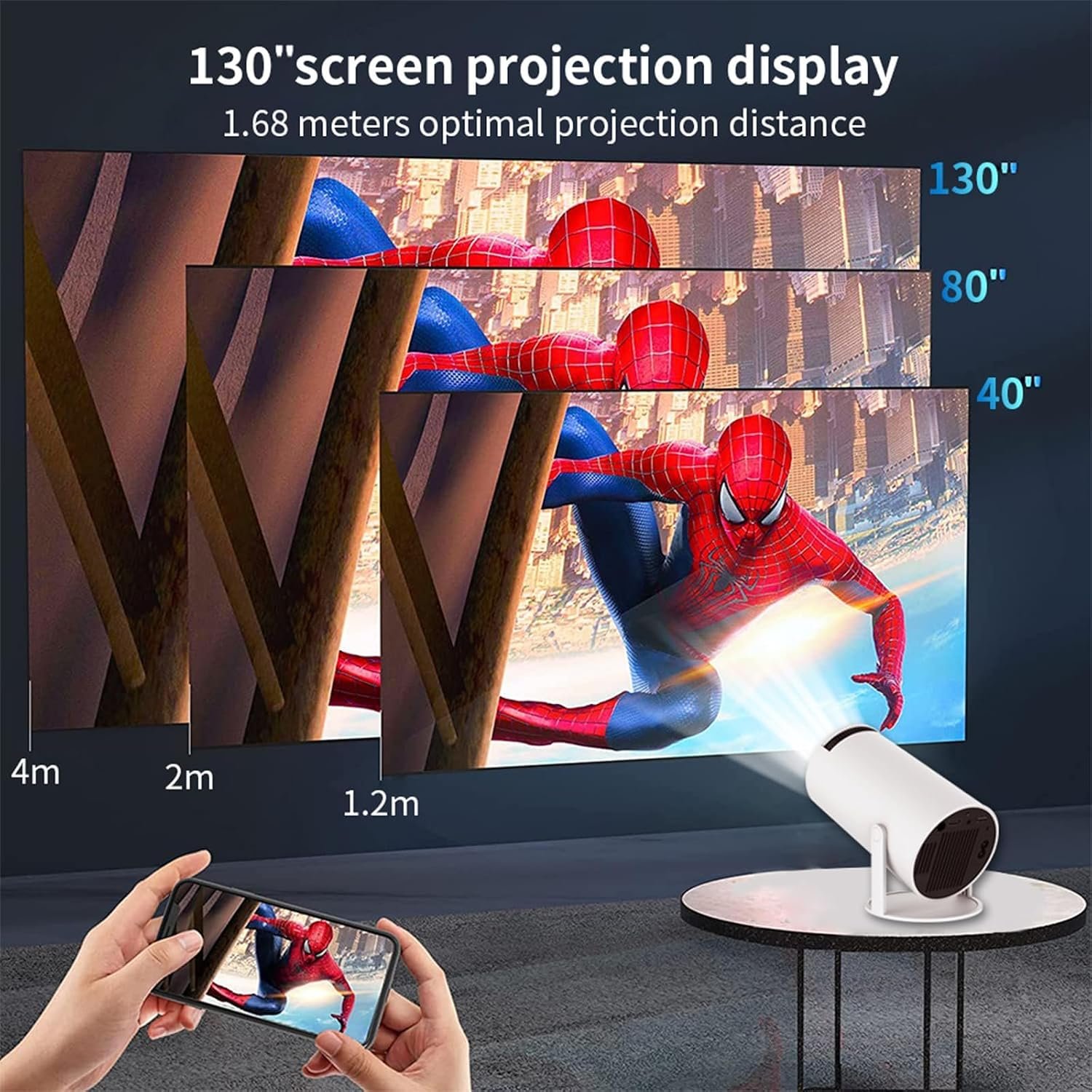جهاز عرض صغير محمول HY300، 4K/200 ANSI مع واي فاي 2.4/5G وبلوتوث تصحيح الانحراف التلقائي، شاشة 40-130 انش، انقلاب 180 درجة، اندرويد 11.0، تصميم دائري (ابيض)، استاراما، 1280 x 720 - صورة 5
