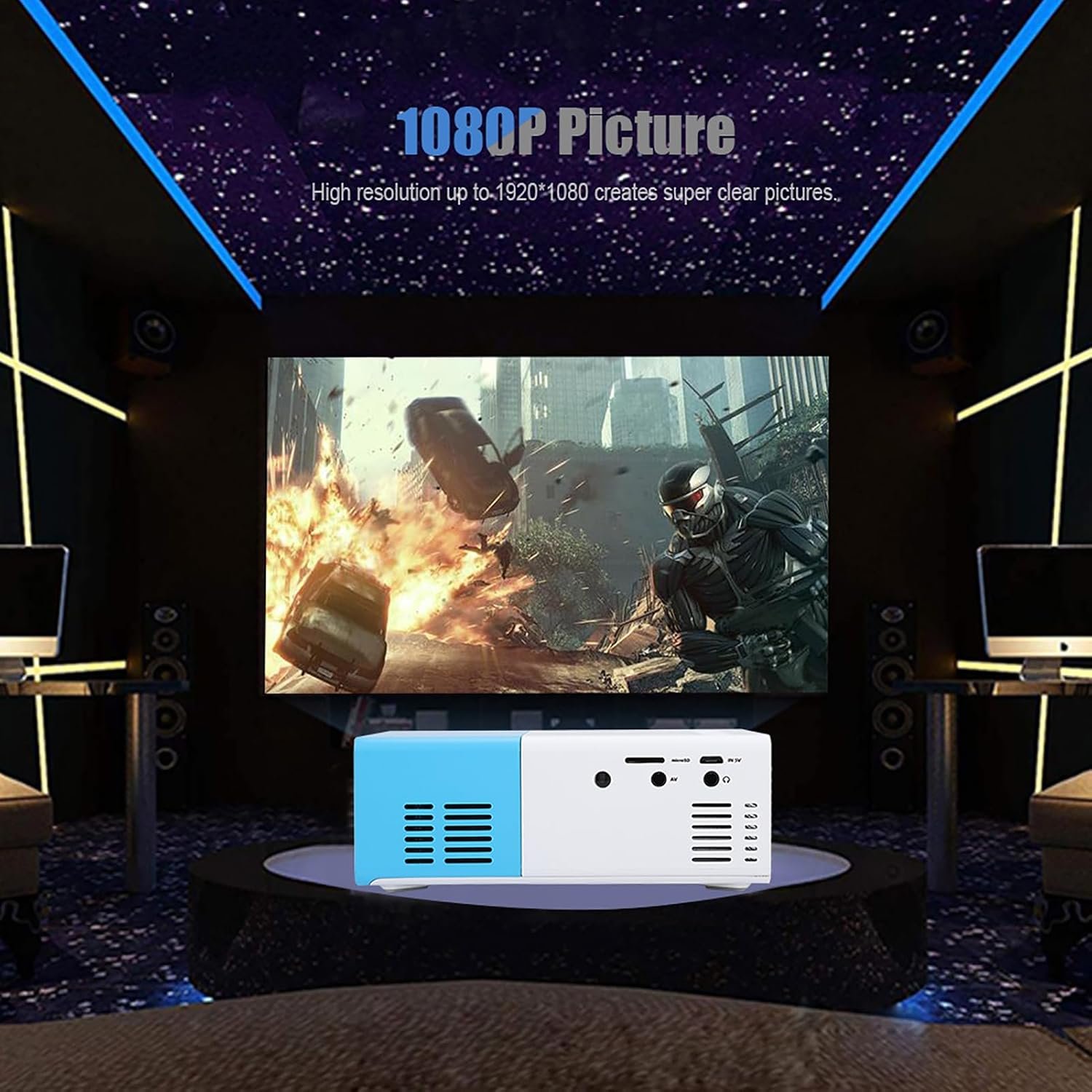 جهاز عرض صغير محمول بدقة 1080 بيكسل للمنزل والحفلات فيديو LED لنظام المسرح المنزلي 20-80 بوصة 1920×1080 يدعم HDMI/USB/ايه في/صوت - صورة 2