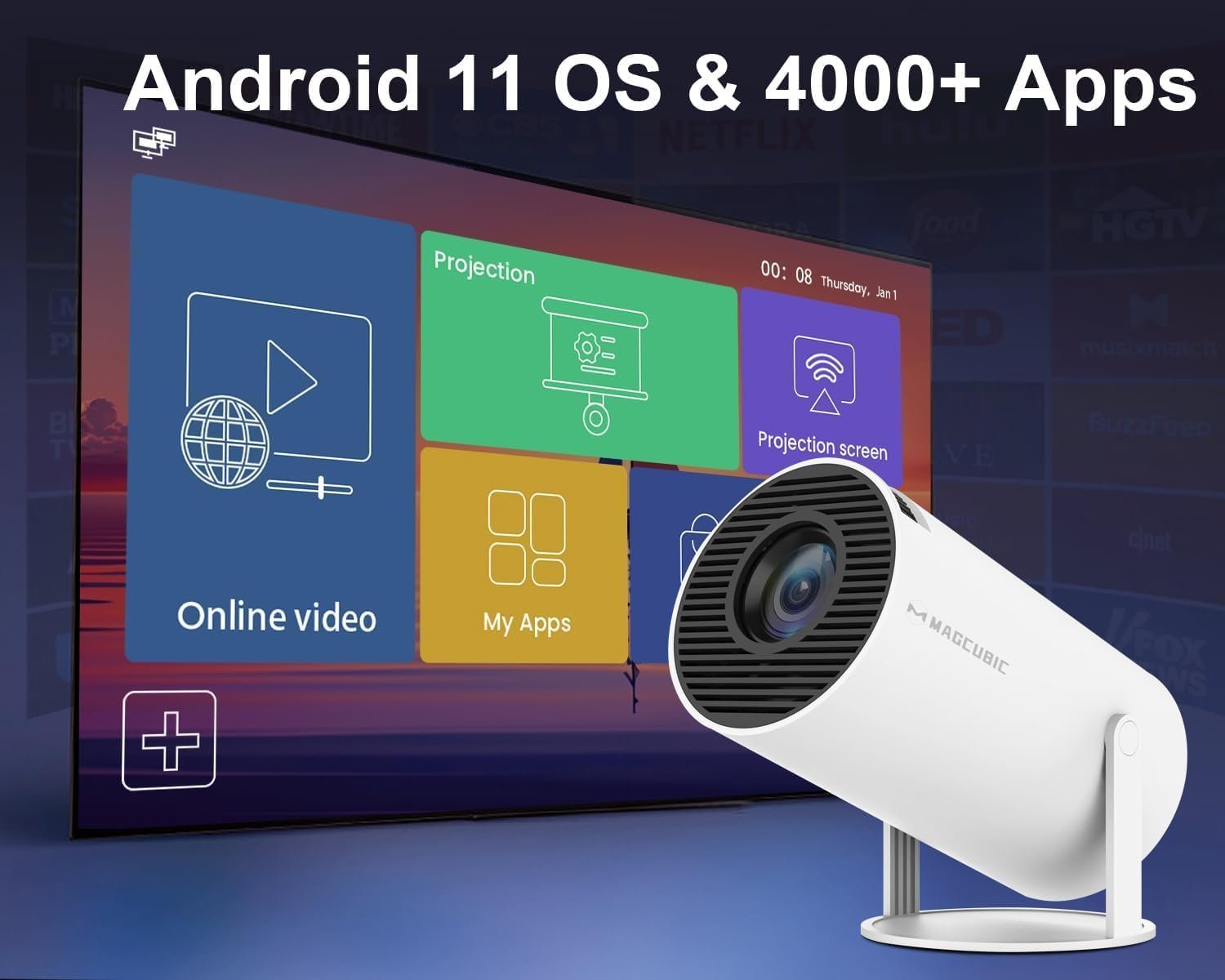 جهاز عرض اندرويد صغير محمول 8000 لومن، يدعم 4K و1080P، جهاز سينما منزلي LED دوار 180 درجة - صورة 3