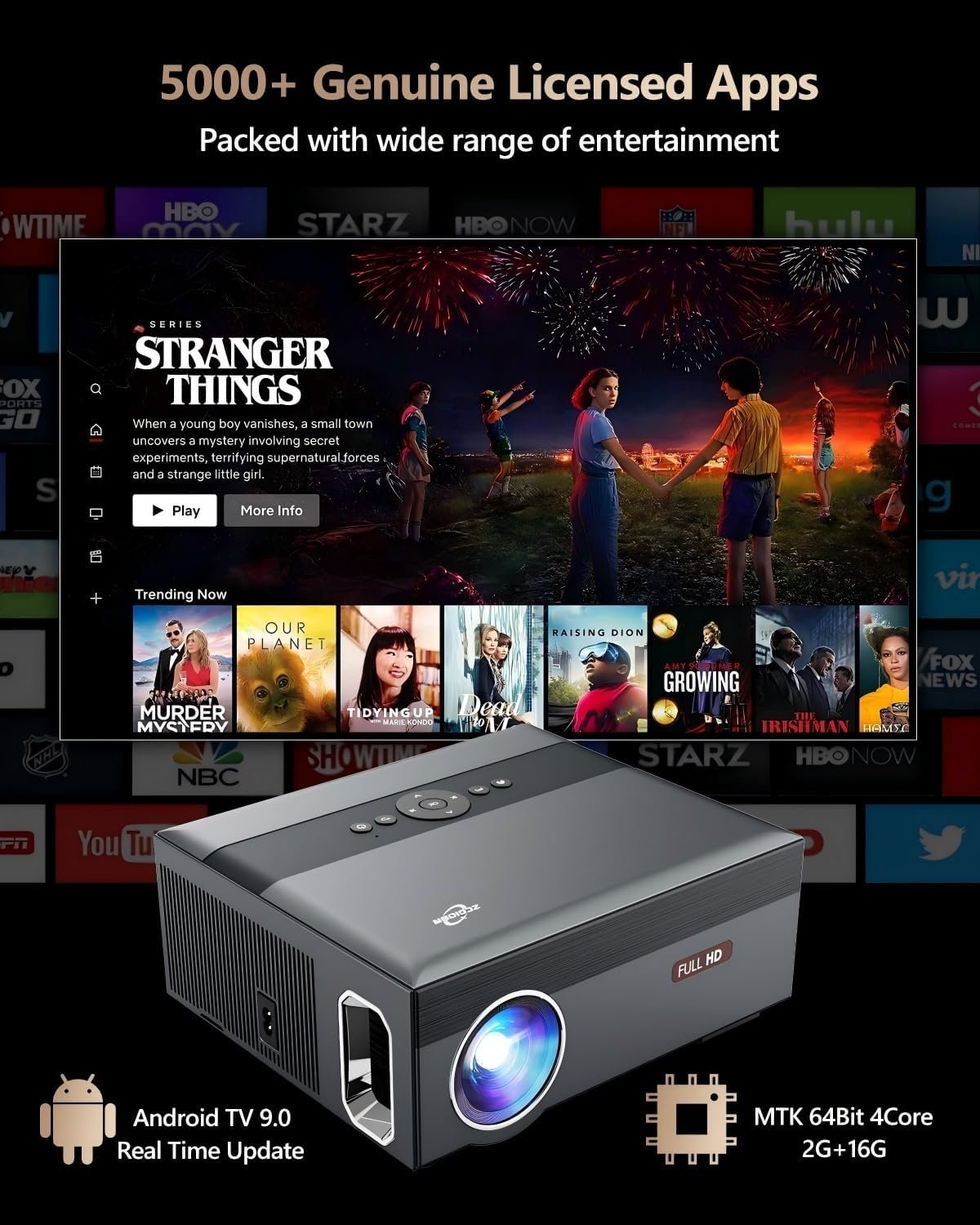 جهاز عرض لاسلكي 5G واي فاي 1920*1080 يدعم 4K افلام اندرويد FHD مع بلوتوث 5.0 منفذ ار جيه 45 4D و±50 درجة مكبر صوت هاي سينما منزلي لالعاب الفيديو PPT 1920 x 1080 أسود - صورة 3