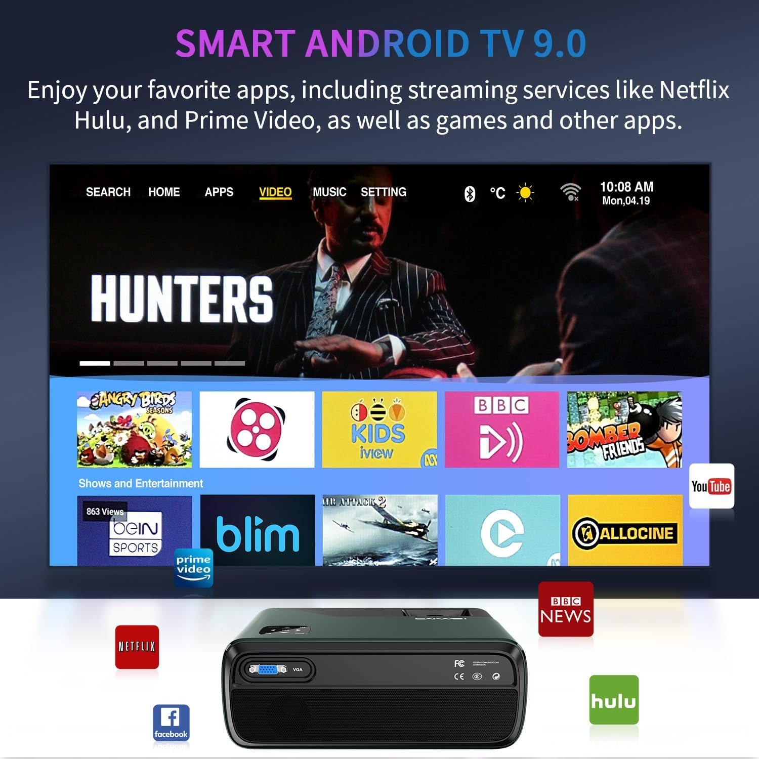 بروجكتور أفلام ليد HD عالي الدقة 1080 بكسل واي فاي بلوتوث 7800 لومن، جهاز عرض فيديو ذكي LCD أندرويد للمسرح المنزلي المحمول مع HDMI وUSB وتطبيقات وتكبير وتصحيح الانحراف رباعي... - صورة 3