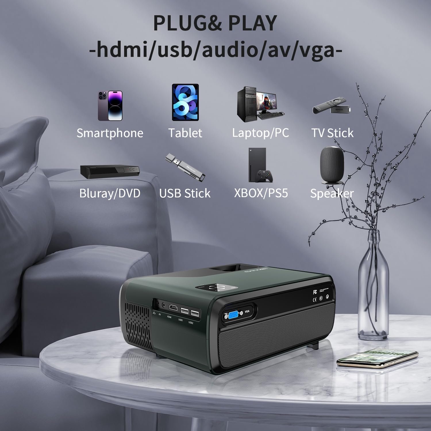 بروجكتور أفلام ليد HD عالي الدقة 1080 بكسل واي فاي بلوتوث 7800 لومن، جهاز عرض فيديو ذكي LCD أندرويد للمسرح المنزلي المحمول مع HDMI وUSB وتطبيقات وتكبير وتصحيح الانحراف رباعي... - صورة 8