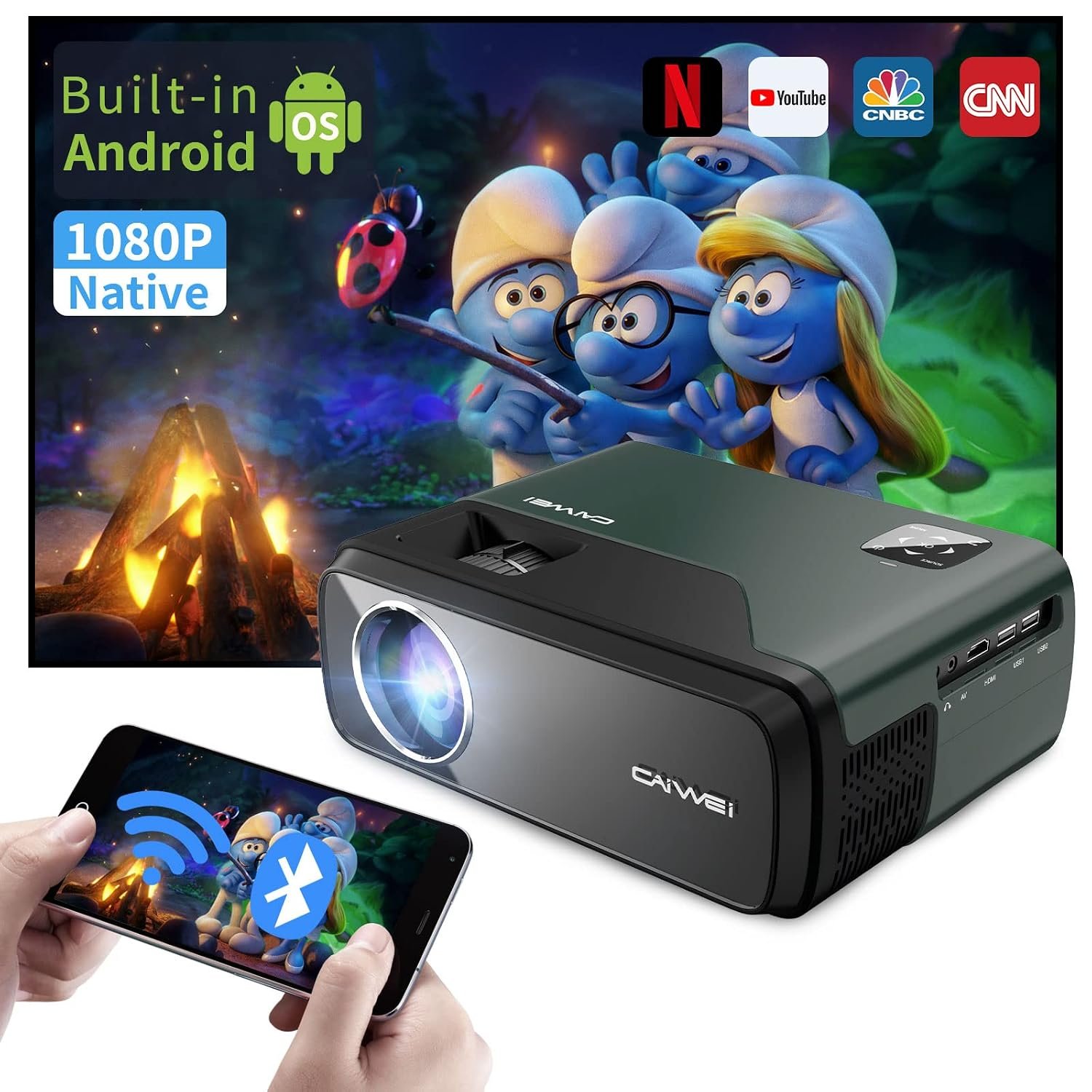 بروجكتور أفلام ليد HD عالي الدقة 1080 بكسل واي فاي بلوتوث 7800 لومن، جهاز عرض فيديو ذكي LCD أندرويد للمسرح المنزلي المحمول مع HDMI وUSB وتطبيقات وتكبير وتصحيح الانحراف رباعي... - صورة 9