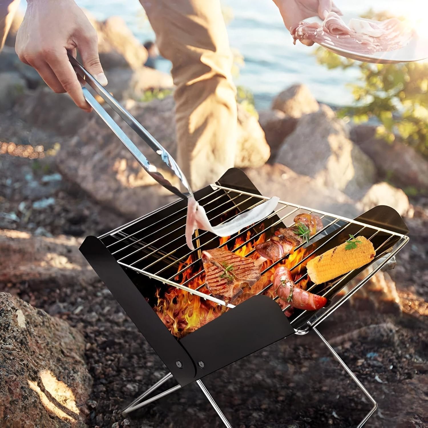 Foldable Mini BBQ Grill – Portable Charcoal & Wood Grill for Camping, Beach & Travel, Lightweight Heavy Duty Barbecue Stove (Black (One pack)) - صورة 2