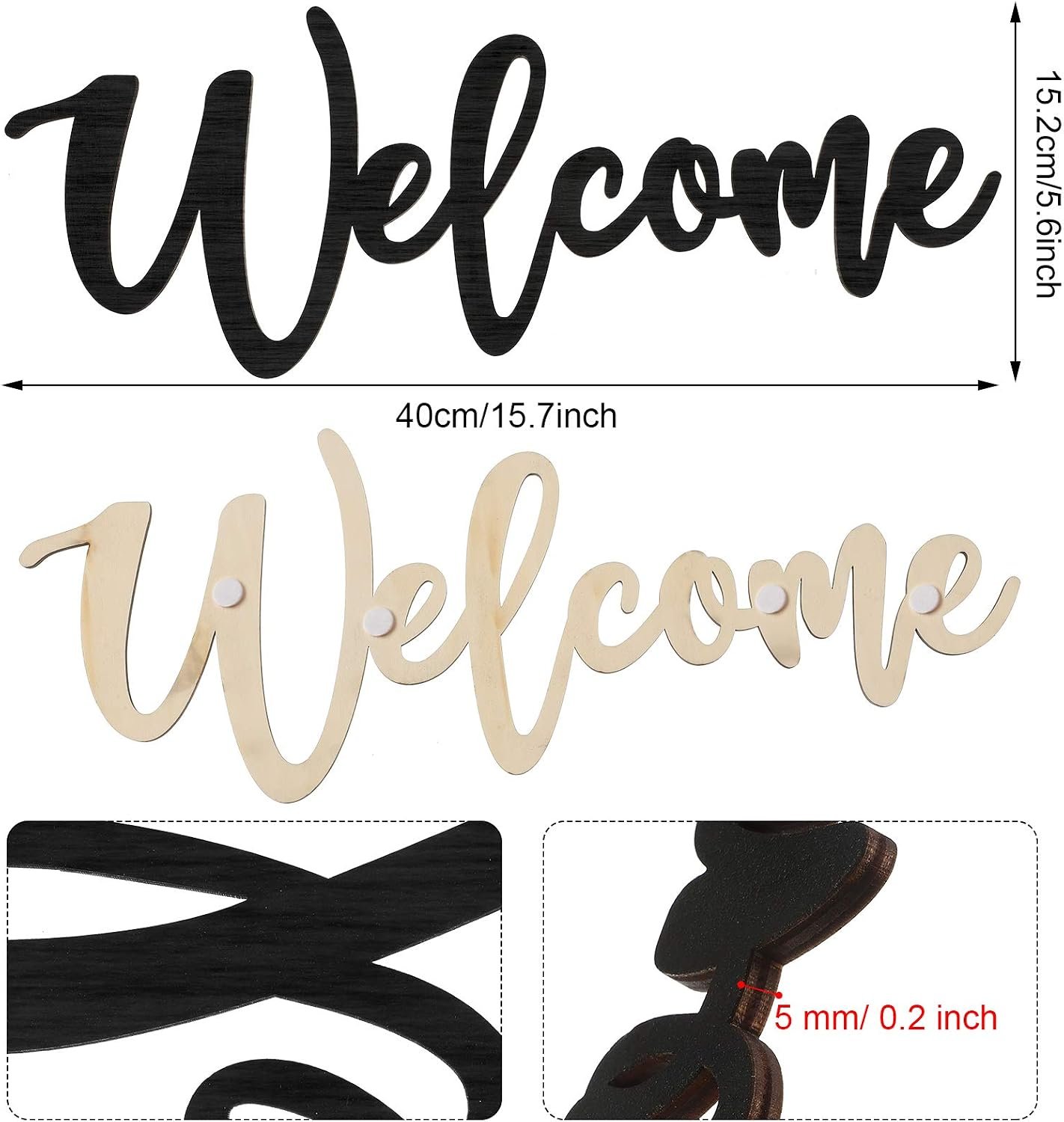 لافتة خشبية وديكور حائط عبارة "Welcome" وتصميم أنيق للباب الأمامي وديكور المنزل الريفي من جيتيك، أسود 40 × 15.2 سم - صورة 2