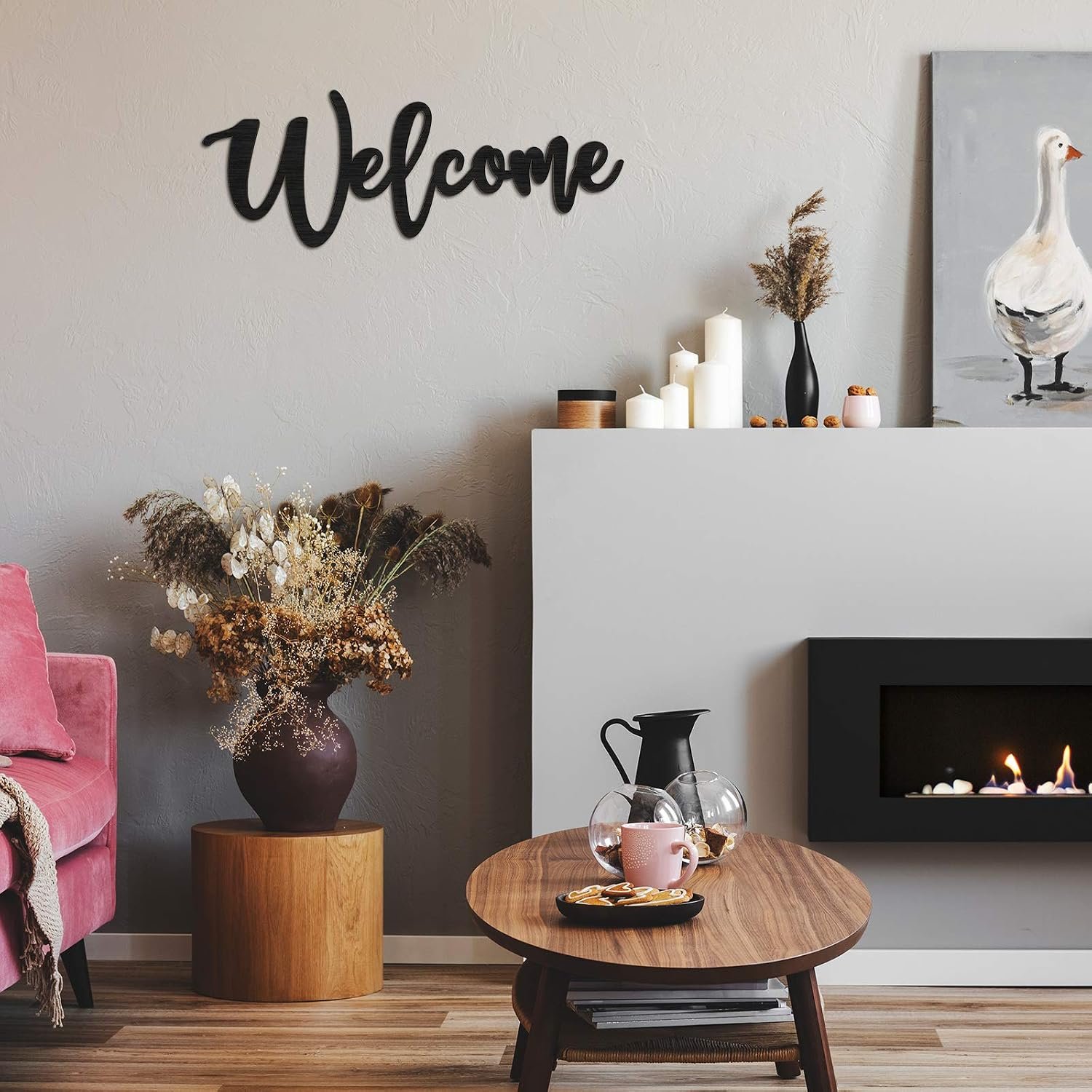 لافتة خشبية وديكور حائط عبارة "Welcome" وتصميم أنيق للباب الأمامي وديكور المنزل الريفي من جيتيك، أسود 40 × 15.2 سم - صورة 3