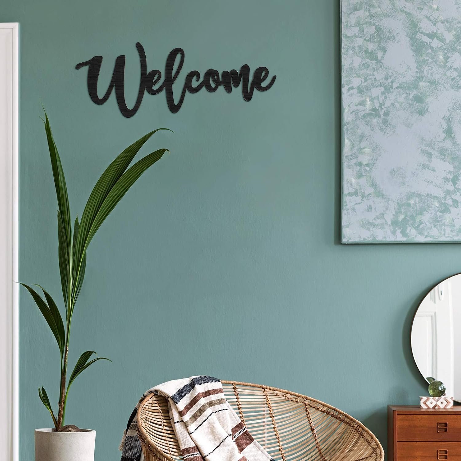لافتة خشبية وديكور حائط عبارة "Welcome" وتصميم أنيق للباب الأمامي وديكور المنزل الريفي من جيتيك، أسود 40 × 15.2 سم - صورة 4