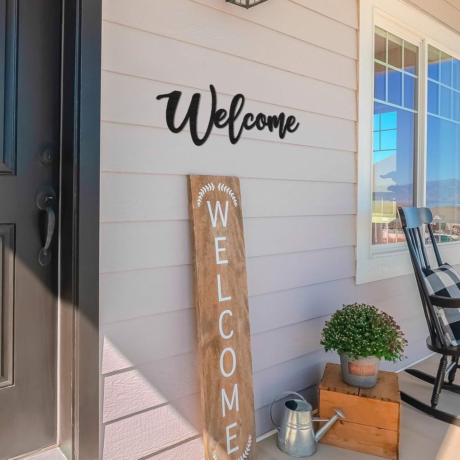لافتة خشبية وديكور حائط عبارة "Welcome" وتصميم أنيق للباب الأمامي وديكور المنزل الريفي من جيتيك، أسود 40 × 15.2 سم - صورة 5