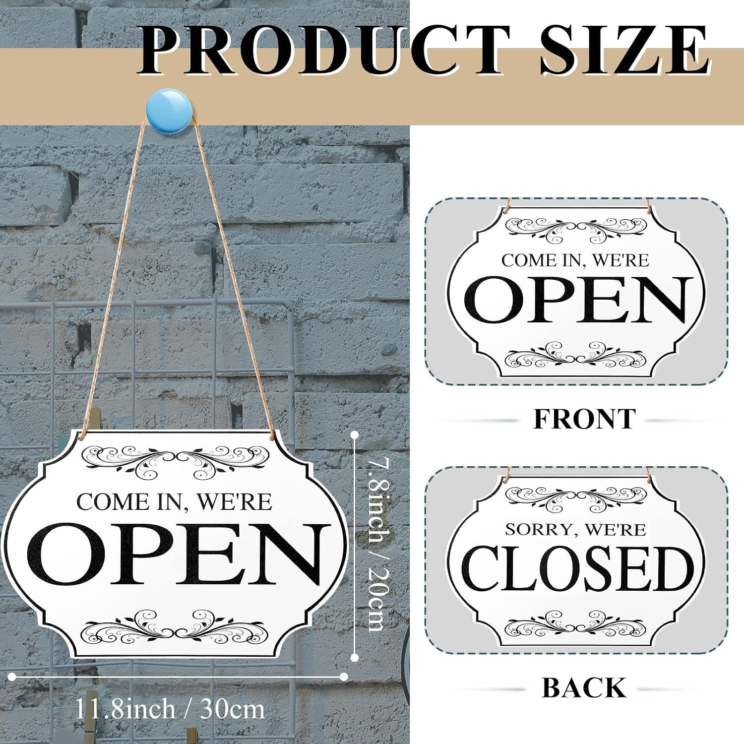 لافتة خشب عتيق قابلة للانعكاس على الوجهين بعبارة "Come In We're Open" و"Closed" تعلق على باب ونافذة المتجر والمقهى والمحل - 11.8×7.8 بوصة (ألواح بلون أبيض، كلمات بلون أسود) - صورة 3